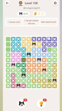 Meowdoku Level 158 step 8 screenshot showing the cat placement at J9 with 8 of 10 cats visible on the board.
