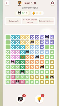 Meowdoku Level 158 step 9 screenshot showing the cat placement at I1 with 9 of 10 cats visible on the board.