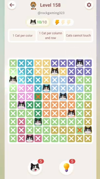 Meowdoku Level 158 step 10 screenshot showing the cat placement at A3 with 10 of 10 cats visible on the board.