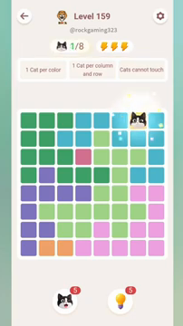 Meowdoku Level 159 step 1 screenshot showing the cat placement at G1 with 1 of 8 cats visible on the board.