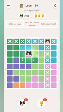 Meowdoku Level 159 step 2 screenshot showing the cat placement at D3 with 2 of 8 cats visible on the board.