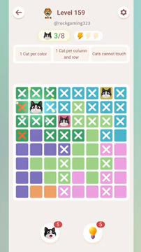 Meowdoku Level 159 step 3 screenshot showing the cat placement at B2 with 3 of 8 cats visible on the board.