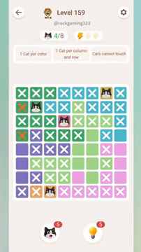 Meowdoku Level 159 step 4 screenshot showing the cat placement at C8 with 4 of 8 cats visible on the board.