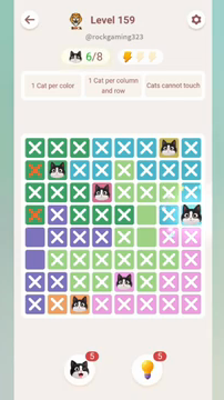 Meowdoku Level 159 step 6 screenshot showing the cat placement at H4 with 6 of 8 cats visible on the board.