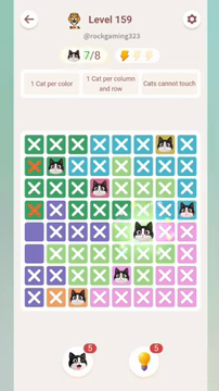 Meowdoku Level 159 step 7 screenshot showing the cat placement at F5 with 7 of 8 cats visible on the board.