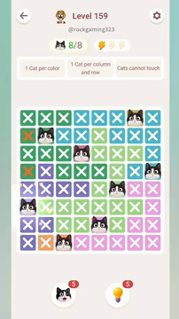 Meowdoku Level 159 step 8 screenshot showing the cat placement at A6 with 8 of 8 cats visible on the board.