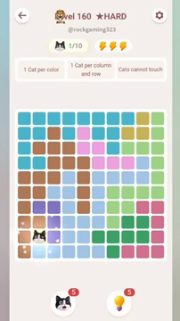Meowdoku Level 160 step 1 screenshot showing the cat placement at B9 with 1 of 10 cats visible on the board.