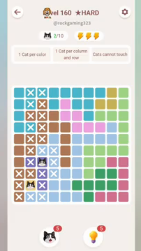 Meowdoku Level 160 step 2 screenshot showing the cat placement at C7 with 2 of 10 cats visible on the board.