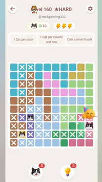 Meowdoku Level 160 step 3 screenshot showing the cat placement at J8 with 3 of 10 cats visible on the board.