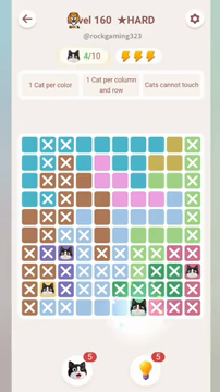 Meowdoku Level 160 step 4 screenshot showing the cat placement at G10 with 4 of 10 cats visible on the board.