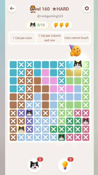 Meowdoku Level 160 step 5 screenshot showing the cat placement at I1 with 5 of 10 cats visible on the board.