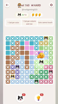 Meowdoku Level 160 step 6 screenshot showing the cat placement at H6 with 6 of 10 cats visible on the board.