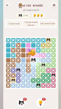 Meowdoku Level 160 step 7 screenshot showing the cat placement at F5 with 7 of 10 cats visible on the board.