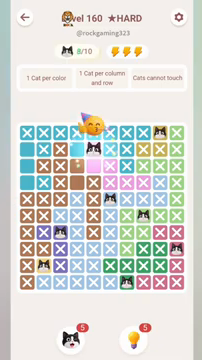 Meowdoku Level 160 step 8 screenshot showing the cat placement at E2 with 8 of 10 cats visible on the board.