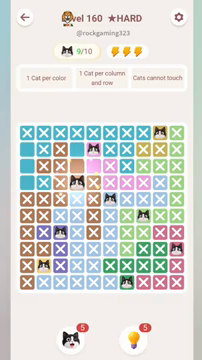 Meowdoku Level 160 step 9 screenshot showing the cat placement at D4 with 9 of 10 cats visible on the board.