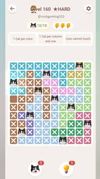 Meowdoku Level 160 step 10 screenshot showing the cat placement at A3 with 10 of 10 cats visible on the board.