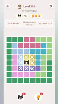 Meowdoku Level 161 step 1 screenshot showing the cat placement at D5 with 1 of 8 cats visible on the board.