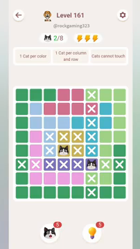 Meowdoku Level 161 step 2 screenshot showing the cat placement at F6 with 2 of 8 cats visible on the board.
