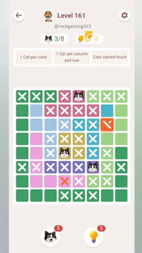 Meowdoku Level 161 step 3 screenshot showing the cat placement at E1 with 3 of 8 cats visible on the board.