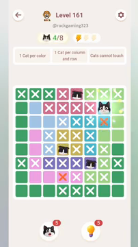 Meowdoku Level 161 step 4 screenshot showing the cat placement at G2 with 4 of 8 cats visible on the board.