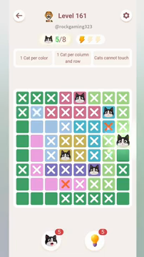 Meowdoku Level 161 step 5 screenshot showing the cat placement at H4 with 5 of 8 cats visible on the board.