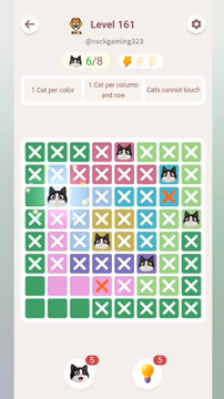 Meowdoku Level 161 step 6 screenshot showing the cat placement at B3 with 6 of 8 cats visible on the board.