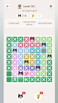 Meowdoku Level 161 step 7 screenshot showing the cat placement at C7 with 7 of 8 cats visible on the board.