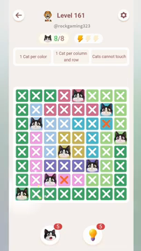 Meowdoku Level 161 step 8 screenshot showing the cat placement at A8 with 8 of 8 cats visible on the board.