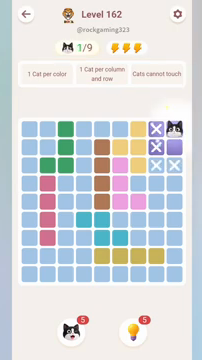 Meowdoku Level 162 step 1 screenshot showing the cat placement at I1 with 1 of 9 cats visible on the board.