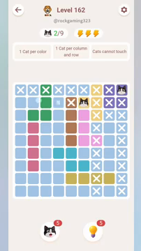 Meowdoku Level 162 step 2 screenshot showing the cat placement at F2 with 2 of 9 cats visible on the board.