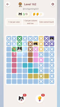 Meowdoku Level 162 step 3 screenshot showing the cat placement at C3 with 3 of 9 cats visible on the board.