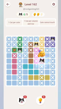 Meowdoku Level 162 step 4 screenshot showing the cat placement at G5 with 4 of 9 cats visible on the board.