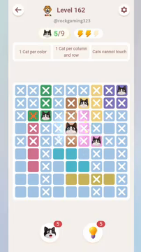 Meowdoku Level 162 step 5 screenshot showing the cat placement at E4 with 5 of 9 cats visible on the board.
