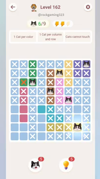 Meowdoku Level 162 step 6 screenshot showing the cat placement at H8 with 6 of 9 cats visible on the board.