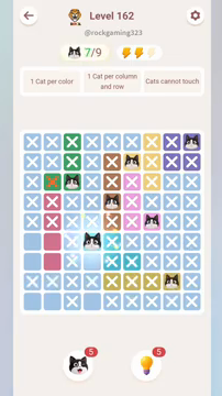 Meowdoku Level 162 step 7 screenshot showing the cat placement at D6 with 7 of 9 cats visible on the board.