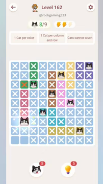 Meowdoku Level 162 step 8 screenshot showing the cat placement at B7 with 8 of 9 cats visible on the board.