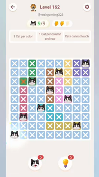 Meowdoku Level 162 step 9 screenshot showing the cat placement at A9 with 9 of 9 cats visible on the board.