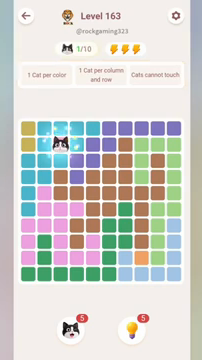 Meowdoku Level 163 step 1 screenshot showing the cat placement at C2 with 1 of 10 cats visible on the board.