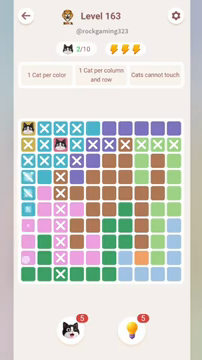 Meowdoku Level 163 step 2 screenshot showing the cat placement at A1 with 2 of 10 cats visible on the board.