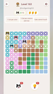 Meowdoku Level 163 step 4 screenshot showing the cat placement at E3 with 4 of 10 cats visible on the board.