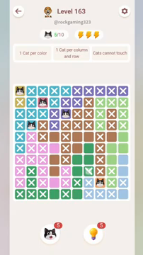 Meowdoku Level 163 step 5 screenshot showing the cat placement at H9 with 5 of 10 cats visible on the board.
