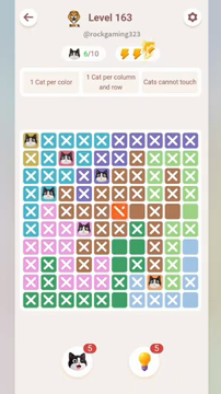 Meowdoku Level 163 step 6 screenshot showing the cat placement at D6 with 6 of 10 cats visible on the board.
