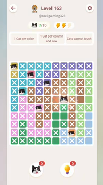 Meowdoku Level 163 step 7 screenshot showing the cat placement at G5 with 7 of 10 cats visible on the board.