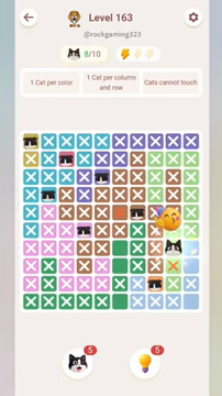 Meowdoku Level 163 step 8 screenshot showing the cat placement at I7 with 8 of 10 cats visible on the board.