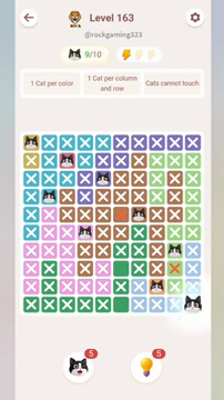 Meowdoku Level 163 step 9 screenshot showing the cat placement at J10 with 9 of 10 cats visible on the board.