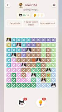 Meowdoku Level 163 step 10 screenshot showing the cat placement at F8 with 10 of 10 cats visible on the board.