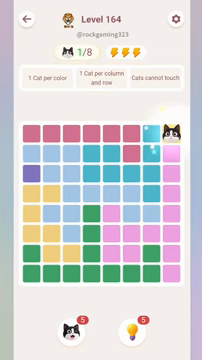Meowdoku Level 164 step 1 screenshot showing the cat placement at H1 with 1 of 8 cats visible on the board.