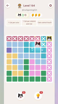 Meowdoku Level 164 step 2 screenshot showing the cat placement at F2 with 2 of 8 cats visible on the board.