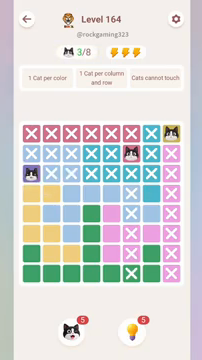 Meowdoku Level 164 step 3 screenshot showing the cat placement at A3 with 3 of 8 cats visible on the board.