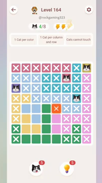 Meowdoku Level 164 step 4 screenshot showing the cat placement at G4 with 4 of 8 cats visible on the board.